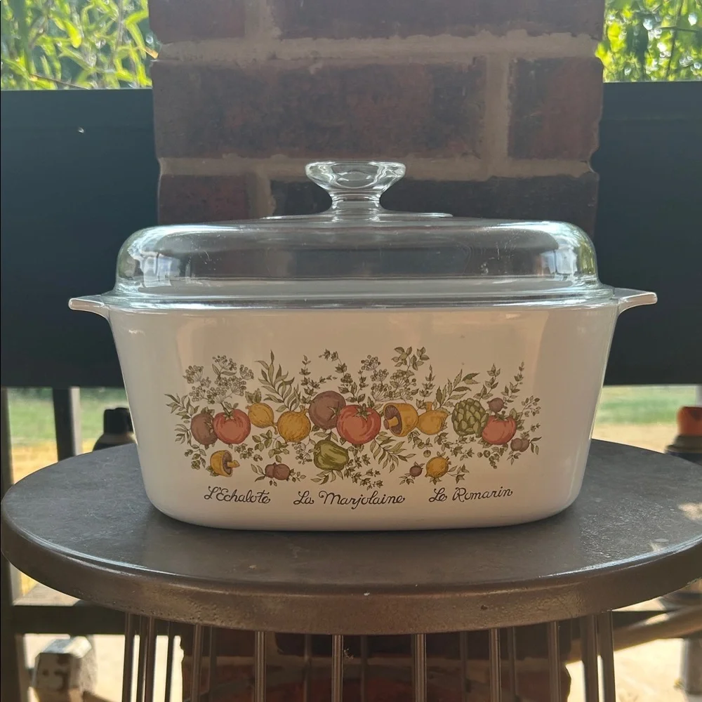 Corelle/Casserole Style White Ceramic Casserole Dish with Floral Fruit Motif